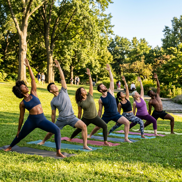Gruppo di persone che fanno yoga al Parco Sempione al tramonto